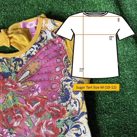Sugar Tart Short Sleeve Mustard Multicolor Butterfly Cute Top Shirt Size M 10-12 - Picture 2 of 14